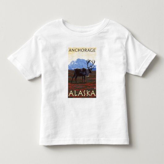 カリブー場面-アンカレッジ、アラスカ トドラーTシャツ (正面)