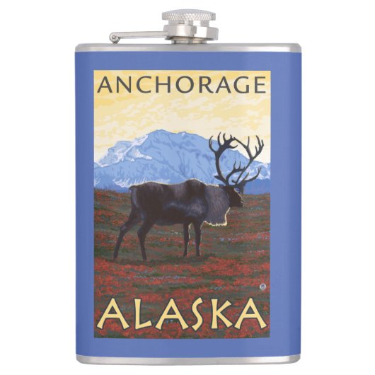 カリブー場面-アンカレッジ、アラスカ フラスク (正面)