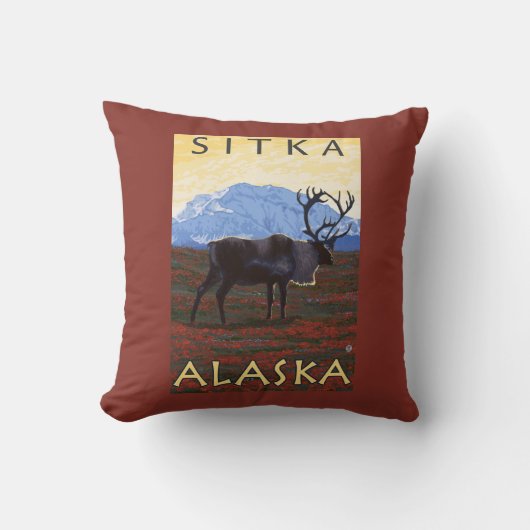 カリブー場面- Sitka、アラスカ クッション (正面)