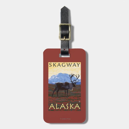 カリブー場面- Skagway、アラスカ ラゲッジタグ (正面縦)
