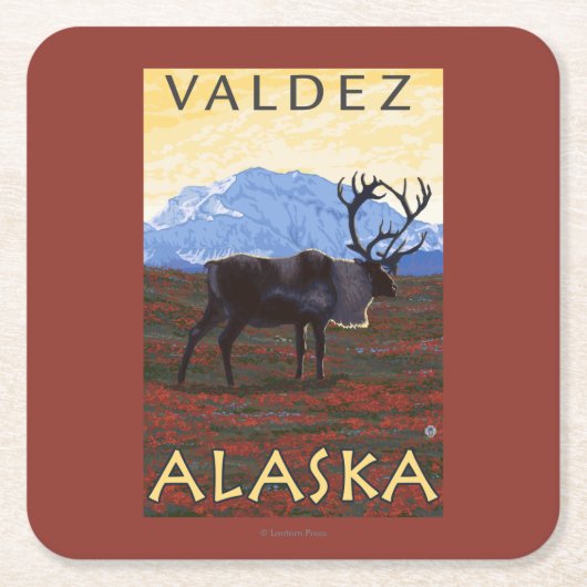 カリブー場面- Valdez、アラスカ スクエアペーパーコースター (正面)
