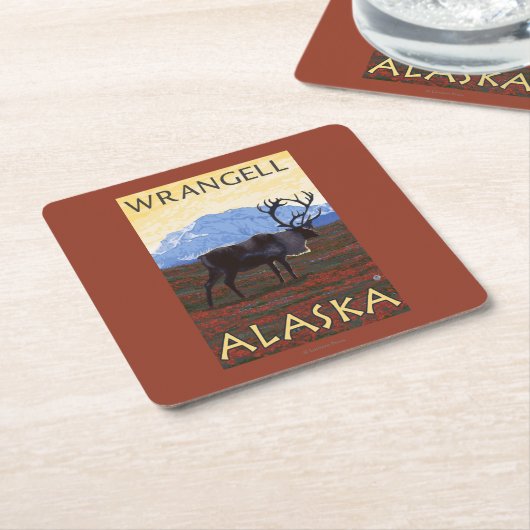 カリブー場面- Wrangell、アラスカ スクエアペーパーコースター (アングル)