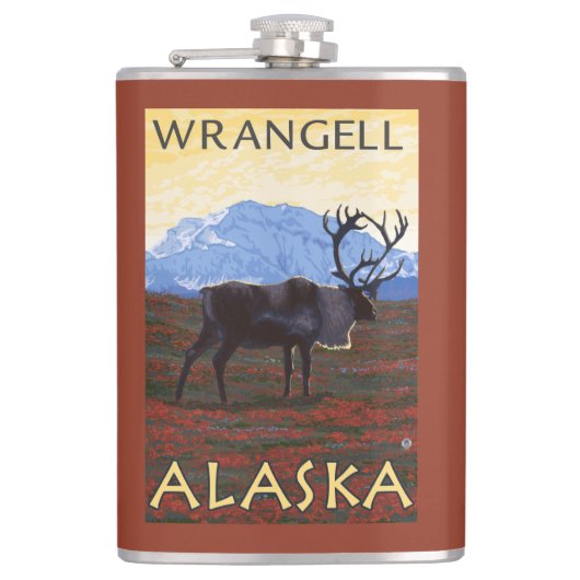 カリブー場面- Wrangell、アラスカ フラスク (正面)