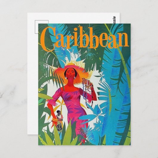 カリブ海の島を散歩する女性、ヴィンテージ、観光客 ポストカード (正面/裏面)