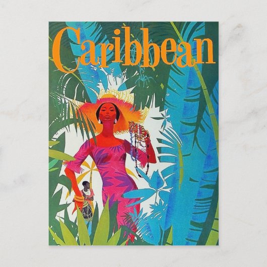 カリブ海の島を散歩する女性、ヴィンテージ、観光客 ポストカード (正面)