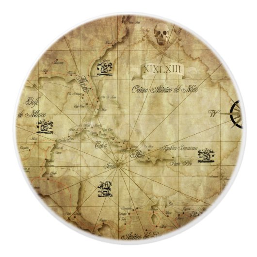 カリブ海 - 古地図 セラミックノブ (正面)