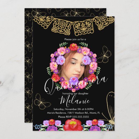 カリングリッターフェイクフローラ蝶メキシコ 招待状 (正面/裏面)