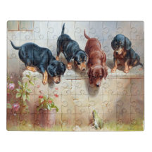 カリーシャ絵画ルトのダックスシャントの子犬とカエル