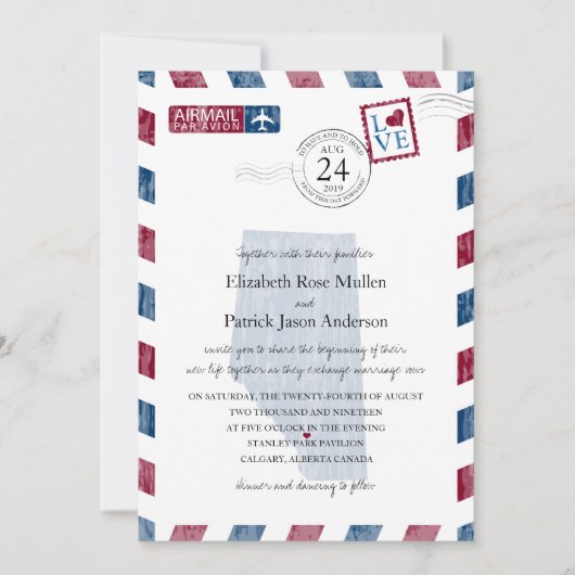 カルガリーアルバータカナダエアメール結婚式招待状 招待状 (正面)