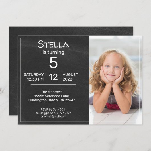 カルクボードと写真の誕生日パーティーへの招待 招待状 (正面/裏面)