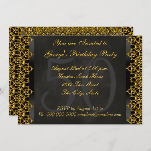 カルクボードと金ゴールド50th誕生日パーティカルクボード 招待状 (正面/裏面)