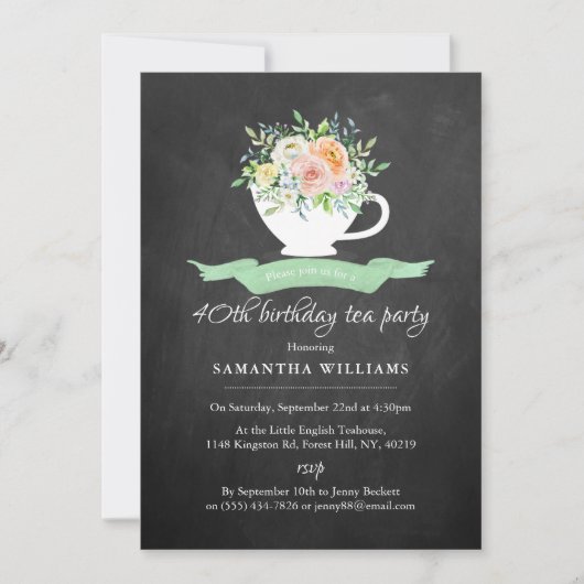 カルクボードフローラティーカップ誕生日ティーパーティー 招待状 (正面)