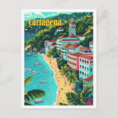 カルタヘナコロンビアヴィンテージアートトラベルイラストレーション ポストカード (正面)