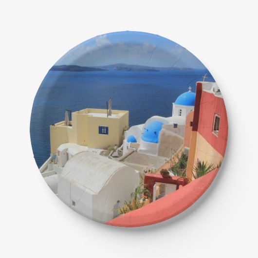 カルデラ、Oia、Santorini、ギリシャ ペーパープレート (正面)
