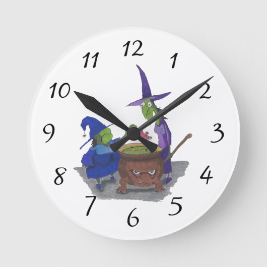 カルドロン·ハロウィーンで口を開く魔女2人 ラウンド壁時計 (正面)