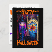 カルドロン&フクロウ錬金術のかわいい大きな目の魔女 招待状 (正面/裏面)