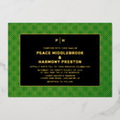 カルナビ紙吹雪金ゴールドグリーンブラック結婚ズ 箔招待状 (正面)