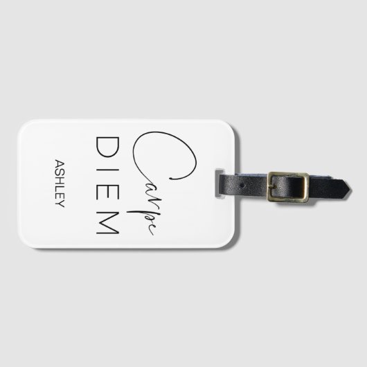 カルペディエム |黒い手書きの名前のタイポグラフィ ラゲッジタグ (正面横)