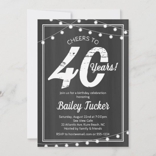 カルボード上の40th誕生日ストリングライト 招待状 (正面)