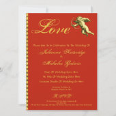 カルミンおよび金ゴールドのキューピッド 招待状 (裏面)