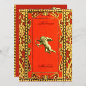 カルミンおよび金ゴールドのキューピッド 招待状 (正面/裏面)