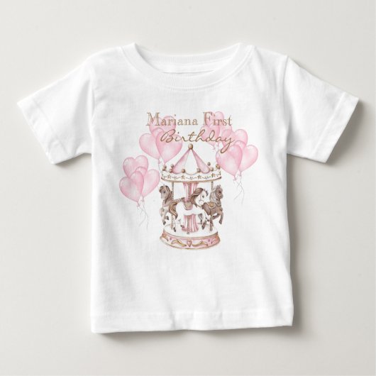 カルーセルバルーン ユニコーン 1歳 女の子の誕生日パーティー ベビーTシャツ (正面)