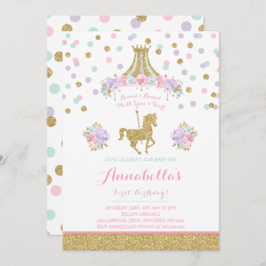 カルーセル誕生日招待状 フラワーピンク ミント ゴールド 招待状 (正面/裏面)