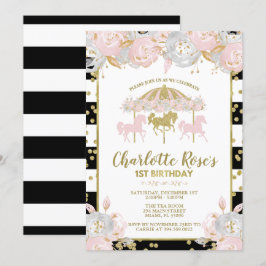 カルーセル ピンクとゴールドのファーストバースデー招待状 招待状