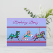 カルーセル 馬 ピンク & パープル 女の子の 誕生日 パーティー 招待状 (スタンド正面)
