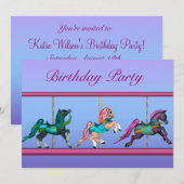 カルーセル 馬 ピンク & パープル 女の子の 誕生日 パーティー 招待状 (正面/裏面)