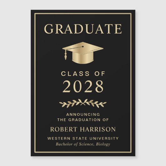 カレッエレガントジブラック金ゴールド卒業 マグネット招待状 (正面)