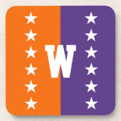 カレッジカラーズオレンジ、紫、白モノグラム コースター (正面)