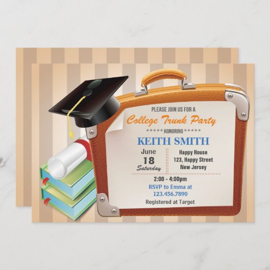 カレッジトランクパーティの招待状。卒業党 招待状 (正面/裏面)