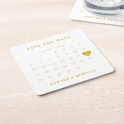 カレンシンプルダー金ゴールドと白の日付の保存 スクエアペーパーコースター (アングル)