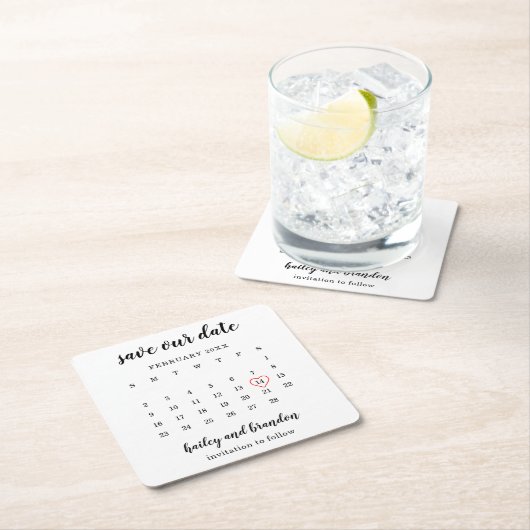 カレンダモダンー赤いハート結婚式の日付の保存 スクエアペーパーコースター (インサイチュ)