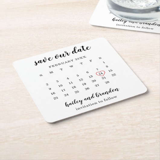 カレンダモダンー赤いハート結婚式の日付の保存 スクエアペーパーコースター (アングル)