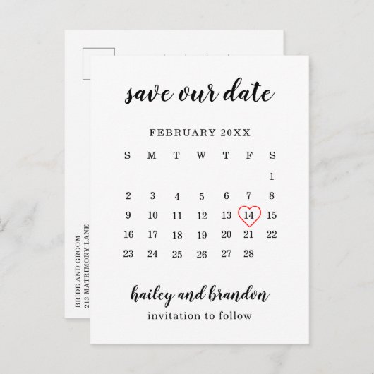 カレンダモダンー赤いハート結婚式の日付の保存 案内ポストカード (正面/裏面)