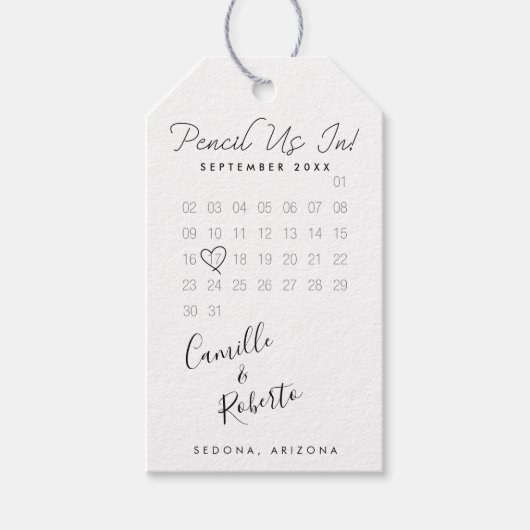 カレンダーのカップルモダンの写真にミニマル鉛筆 ギフトタグ (正面)