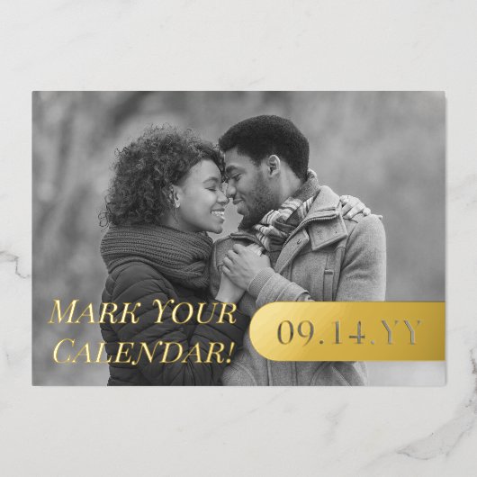 カレンダーのマークB&Wフォトウェディング日付の保存 箔招待状 (正面)