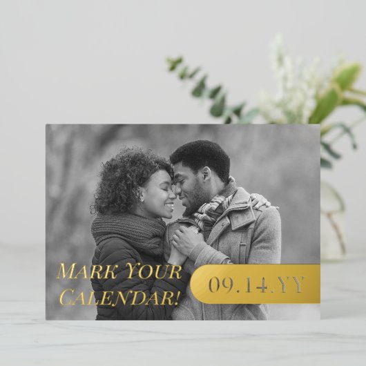 カレンダーのマークB&Wフォトウェディング日付の保存 箔招待状 (立ち正面)