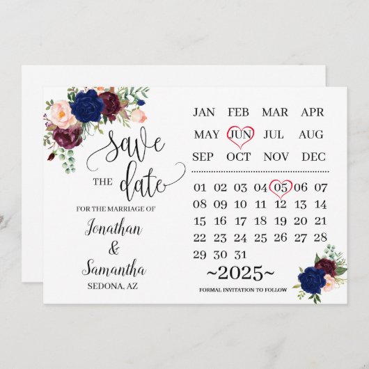 カレンダーは日付の海軍のブルゴーニュ結婚式の日を保存 招待状 (正面/裏面)