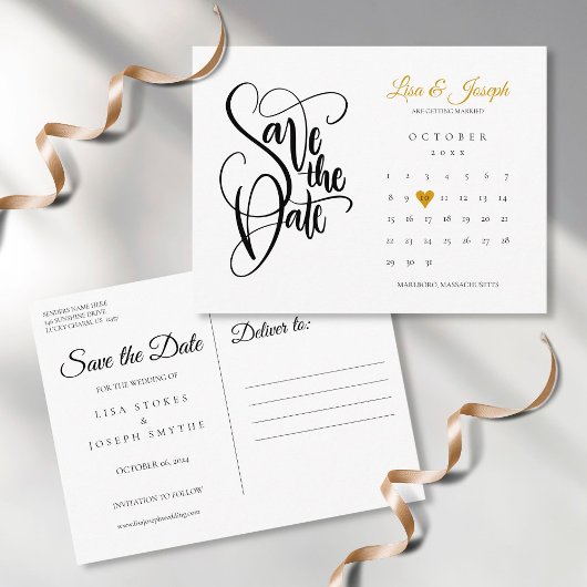 カレンダースクリプト ゴールドハート セーブザデート ポストカード