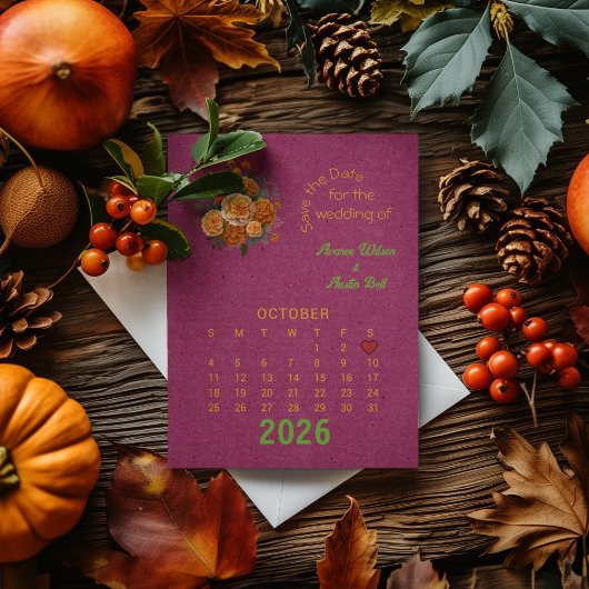 カレンダースタイル結婚式10月の日付を保存 案内ポストカード