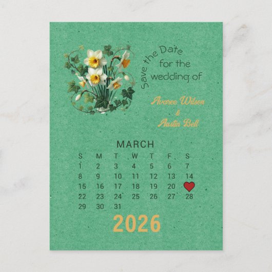カレンダースタイル結婚式3月の日付を保存 案内ポストカード (正面)