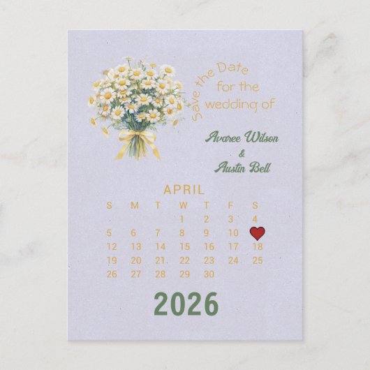 カレンダースタイル結婚式4月の日付を保存 案内ポストカード (正面)