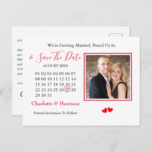 カレンダーハートウェディング日付の写真を保存 案内ポストカード (正面/裏面)