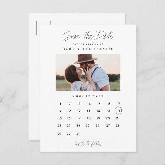 カレンダーミニマルフォトウェディング日付の保存 案内ポストカード (正面/裏面)