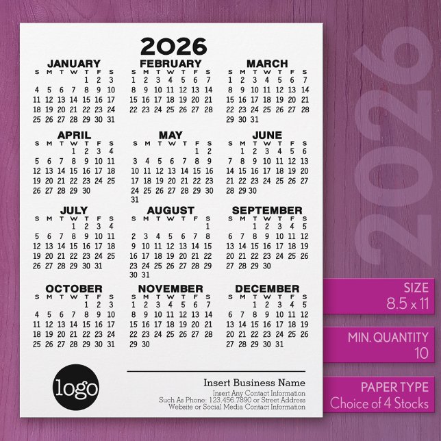 カレンダー付き基本Business Officeロゴ レターヘッド (2026 Calendar)