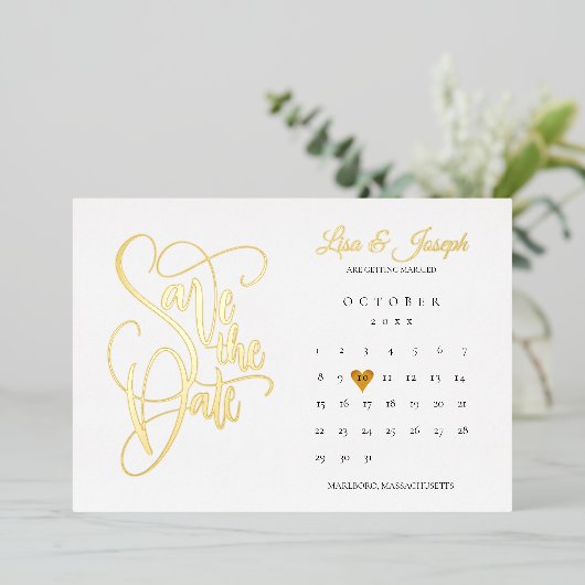 カレンダー愛ハート日付金ゴールドの保存 箔招待状 (立ち正面)