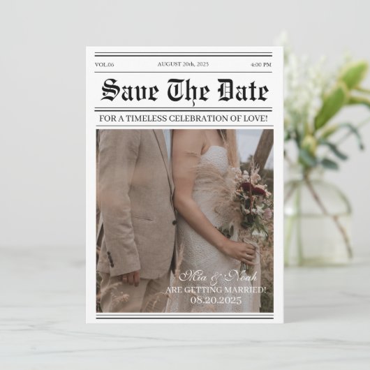 カレンダー新聞の写真の結婚式の日付を保存 招待状 (スタンド正面)